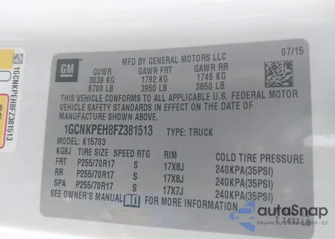 2015 Chevrolet Silverado 1500 Wt z USA, uszkodzony, nr VIN 1GCNKPEH8FZ381513